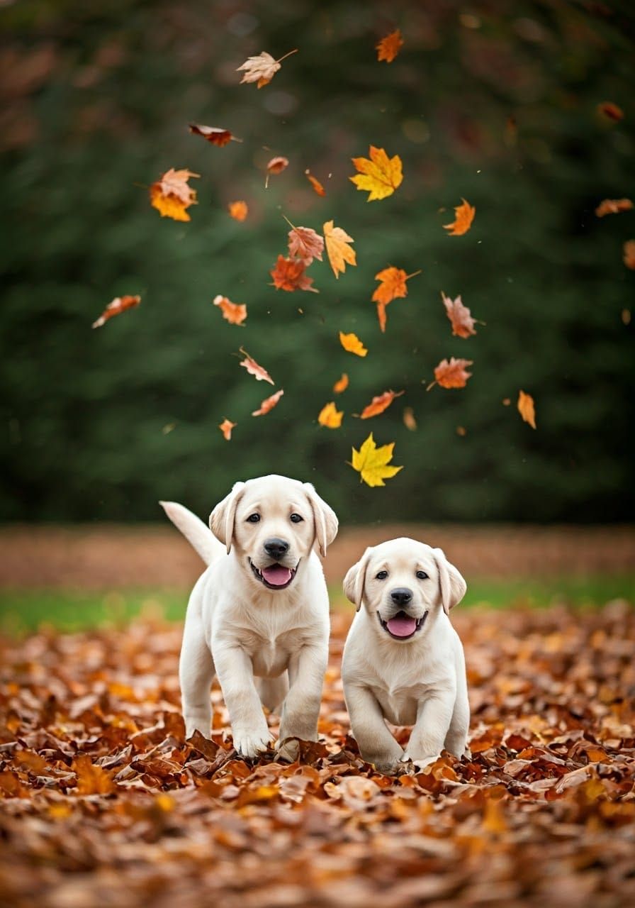 Happy Golden Lab Puppies Playing in Fall Leaves