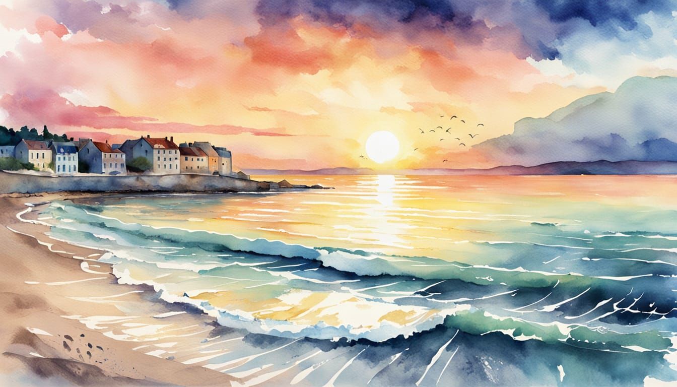 Watercolor Sunrise Over French Beach, Pastel Hues