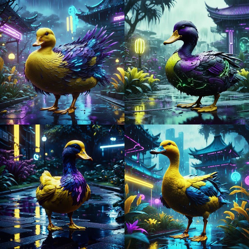 Cyberpunk Duck Navigates Rainy Garden Park