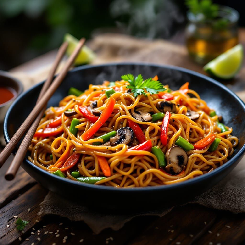 Photorealistic Udon Noodles Stir-Fry on Rustic Table
