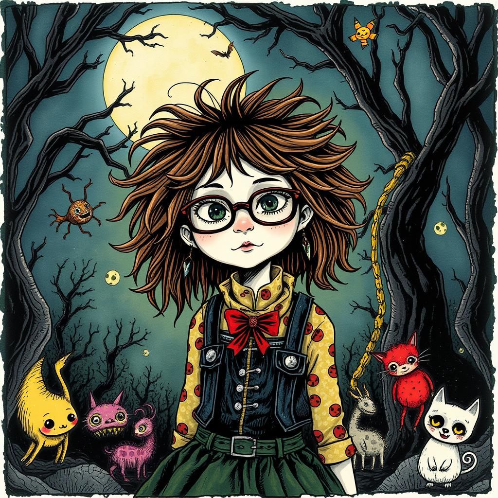 Whimsical Girl in Mystical Forest: A Mixed-Media Art Brut Cr...