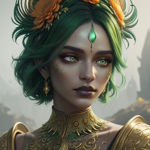 Golden Woman with Peacock Feathers, Dreamy Matte Painting