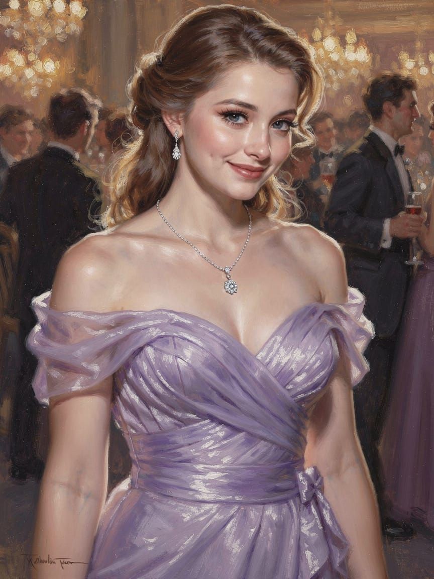 Elegant Woman in Lavender Gown at Party, Oil on Canvas
