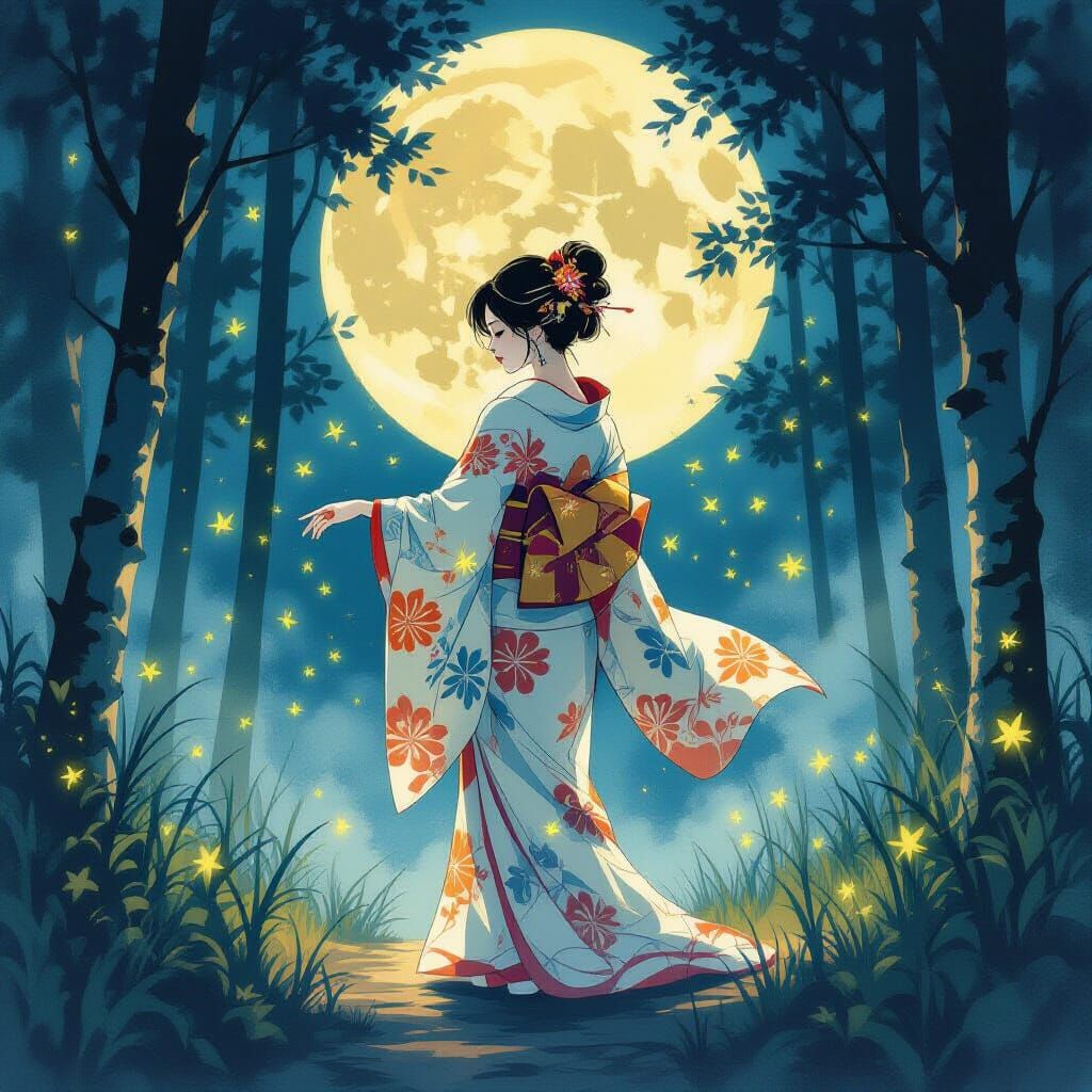 Woman in Kimono with Fireflies: Shin Hanga Style