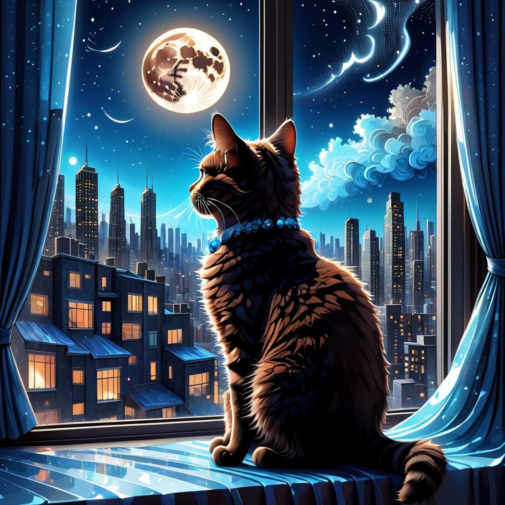 Whimsical Cat in Cityscape at Night