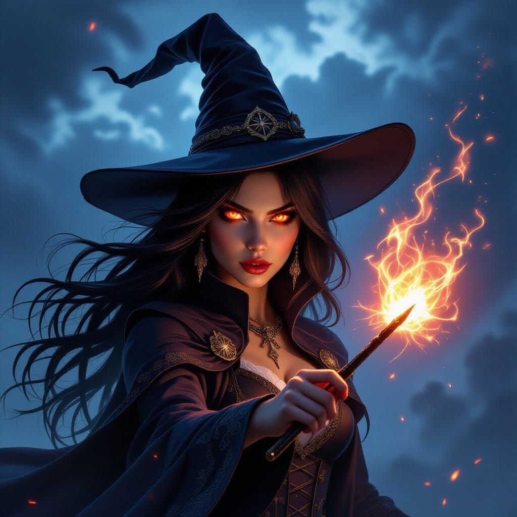 Powerful Witch Casting Spell Under Stormy Sky