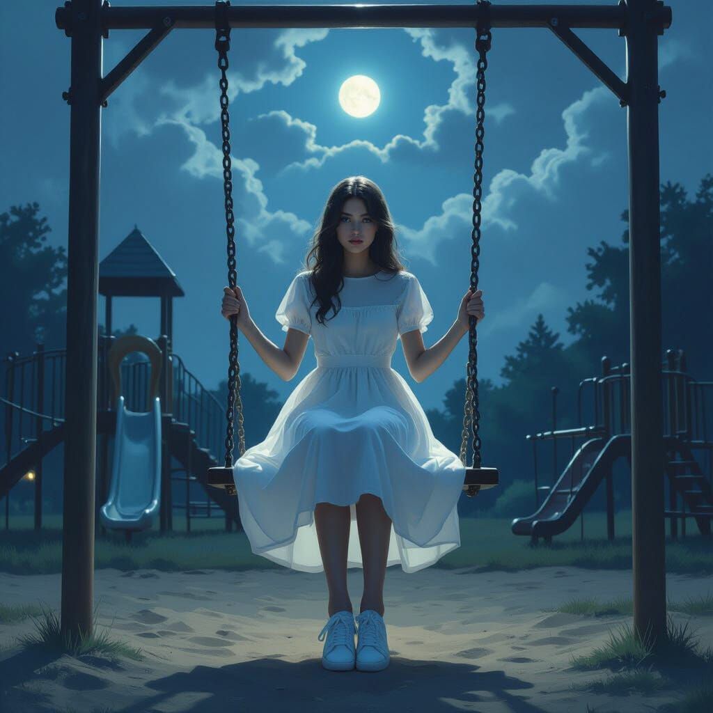 Ethereal Figure on Moonlit Playground Swing