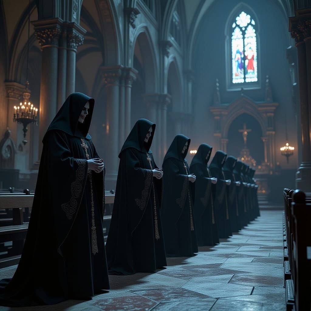 Vampire Priests in a Gothic Cathedral, Dark Surrealism