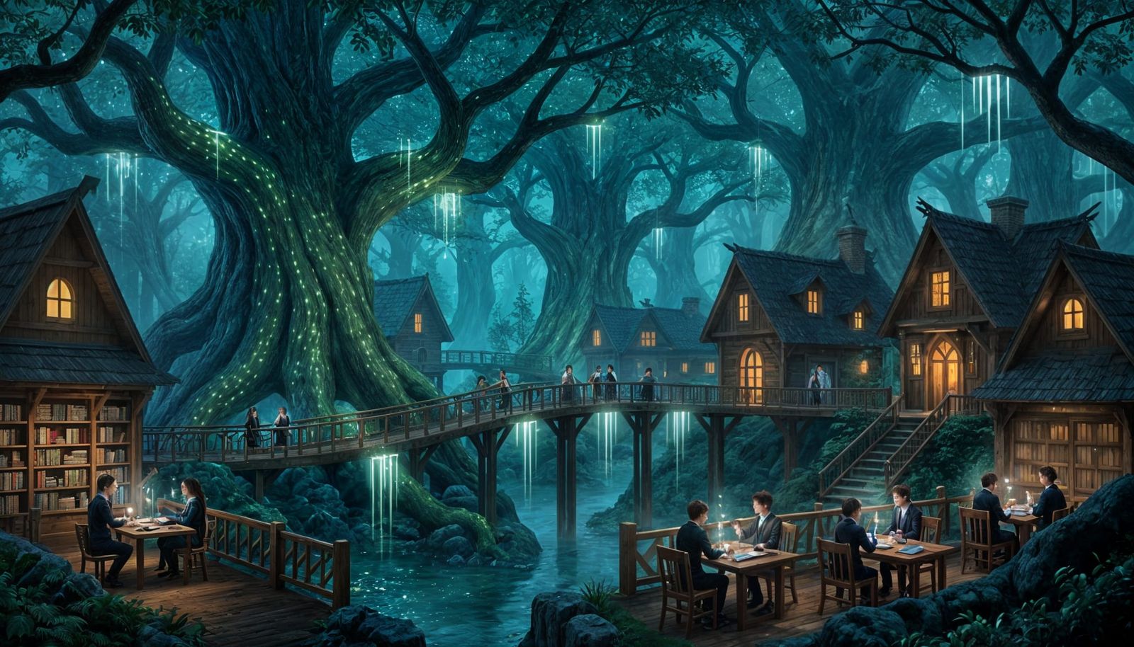 Magical School Amidst Luminous Trees with Light Bridges