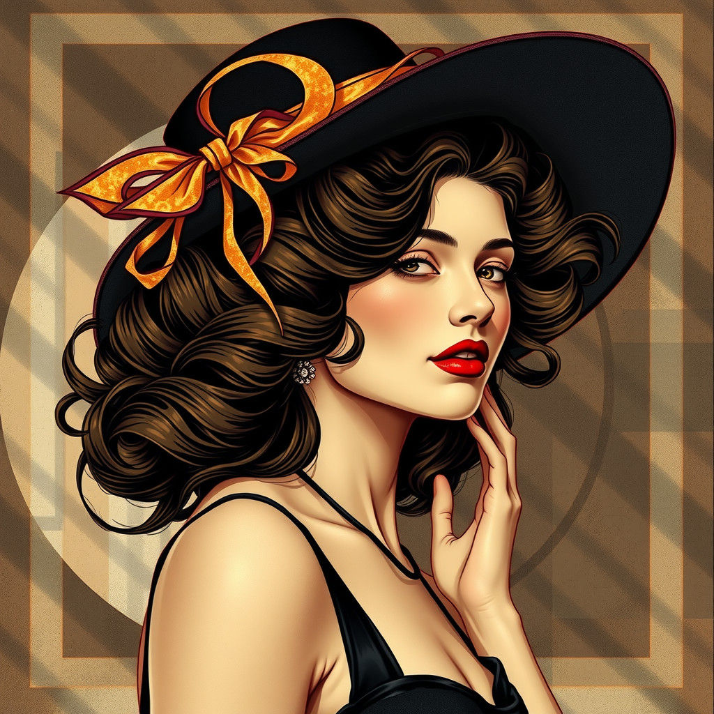 Woman curly swirly hair big hat JC Leyendecker (sueded grainy texture abstracted geometric lines and shapes, fluid motio...
