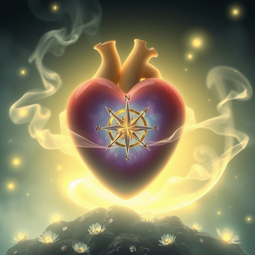 Mystical Glowing Heart with Inner Compass, Dreamlike Digital...
