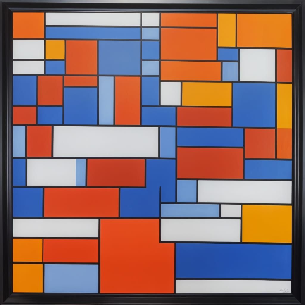 Geometric Painting in Mondrian Style: Orange and Blue