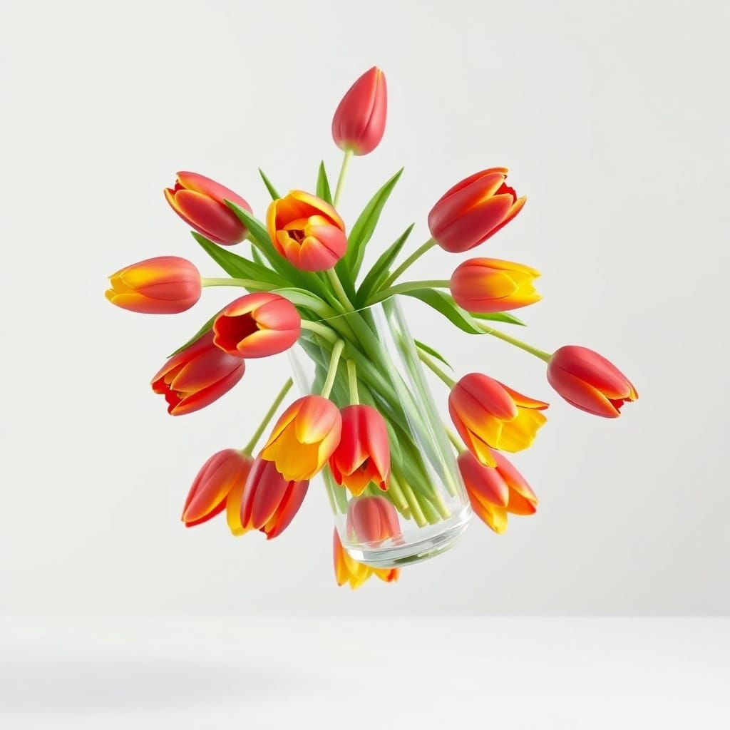Surreal Still Life of Falling Tulips in Glass Vase