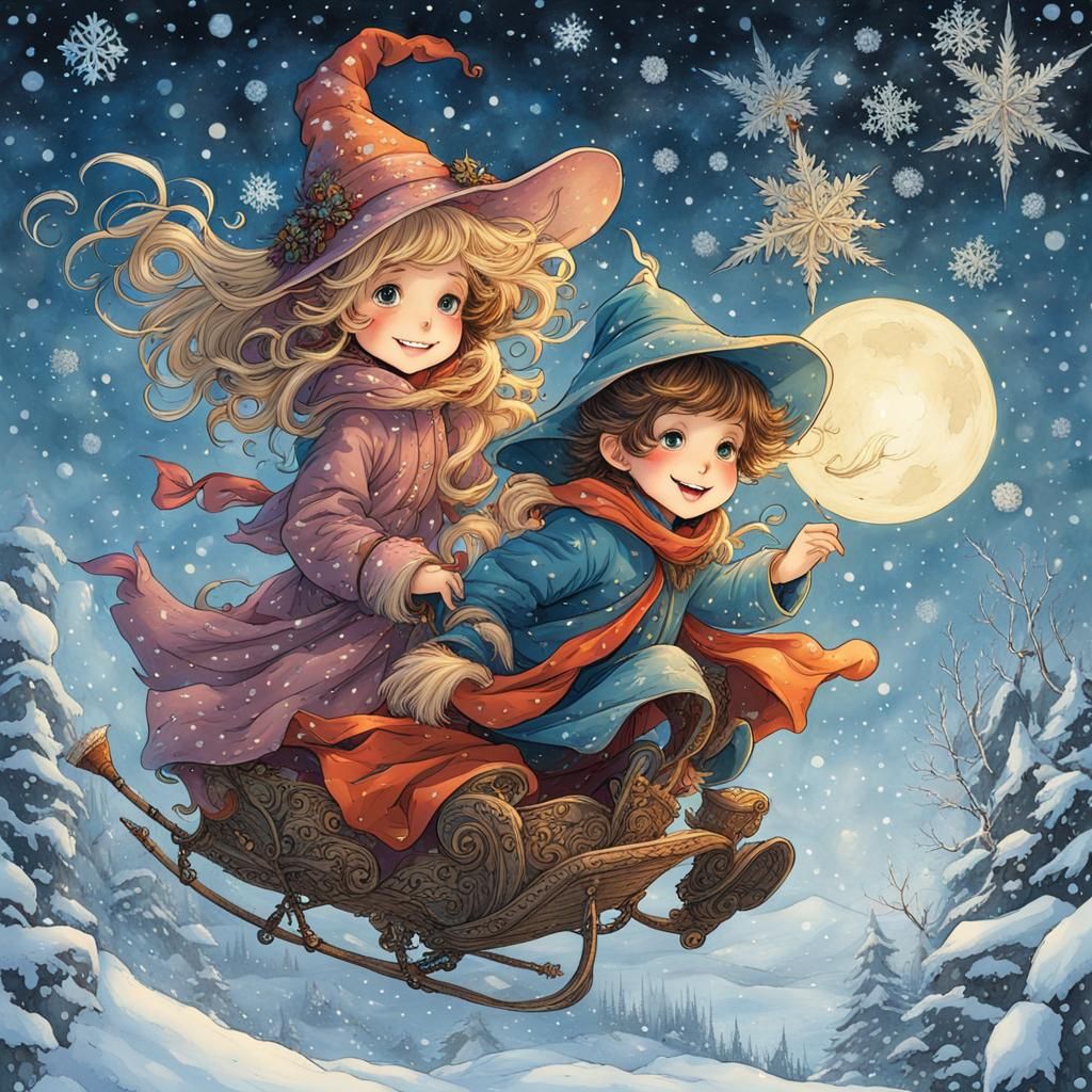 Cheerful Wizards Fly Sled in Anime Fairytale Style