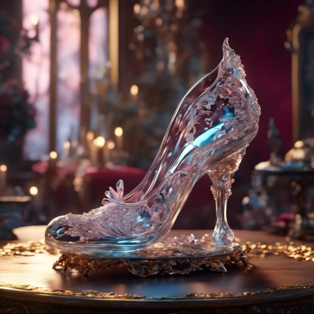 Dazzling Glass Slipper on Ornate Table, Photorealistic Rende...