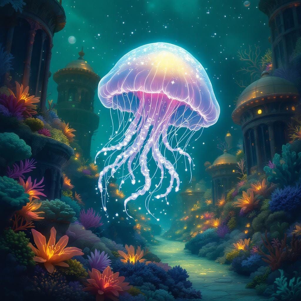 Bioluminescent Jellyfish in Underwater City, Ghibli Style