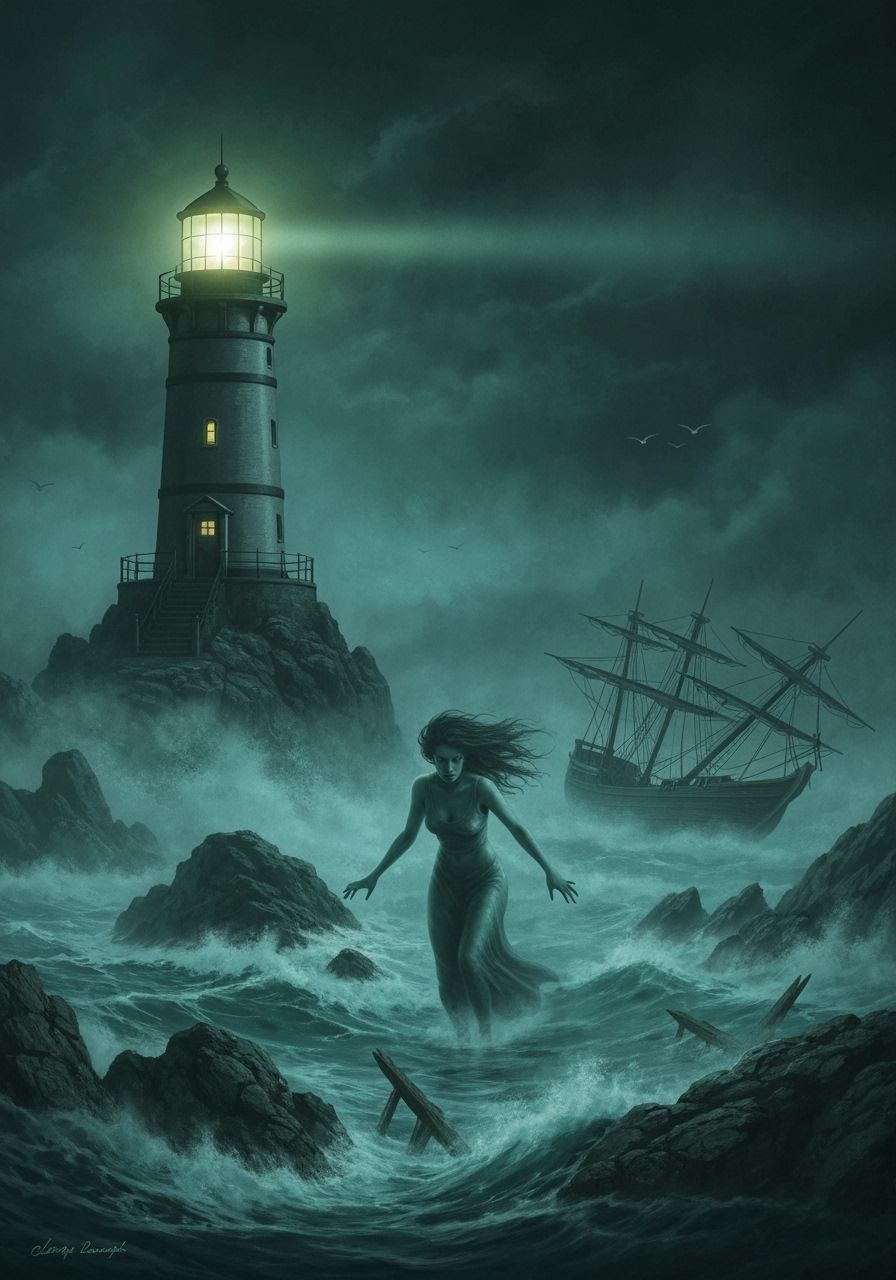Stormy Sea Lighthouse with Ghostly Apparition