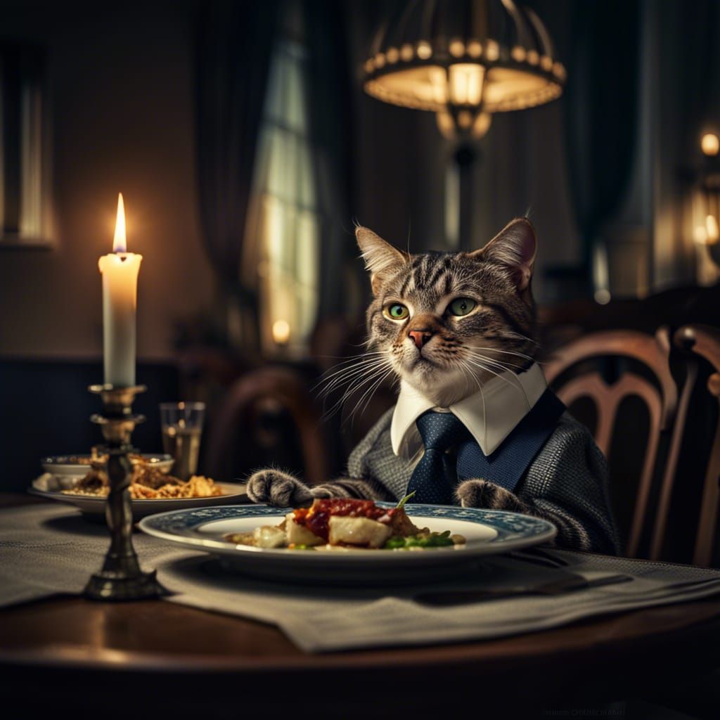 Cat at Dinner Table in Hyperrealistic Style