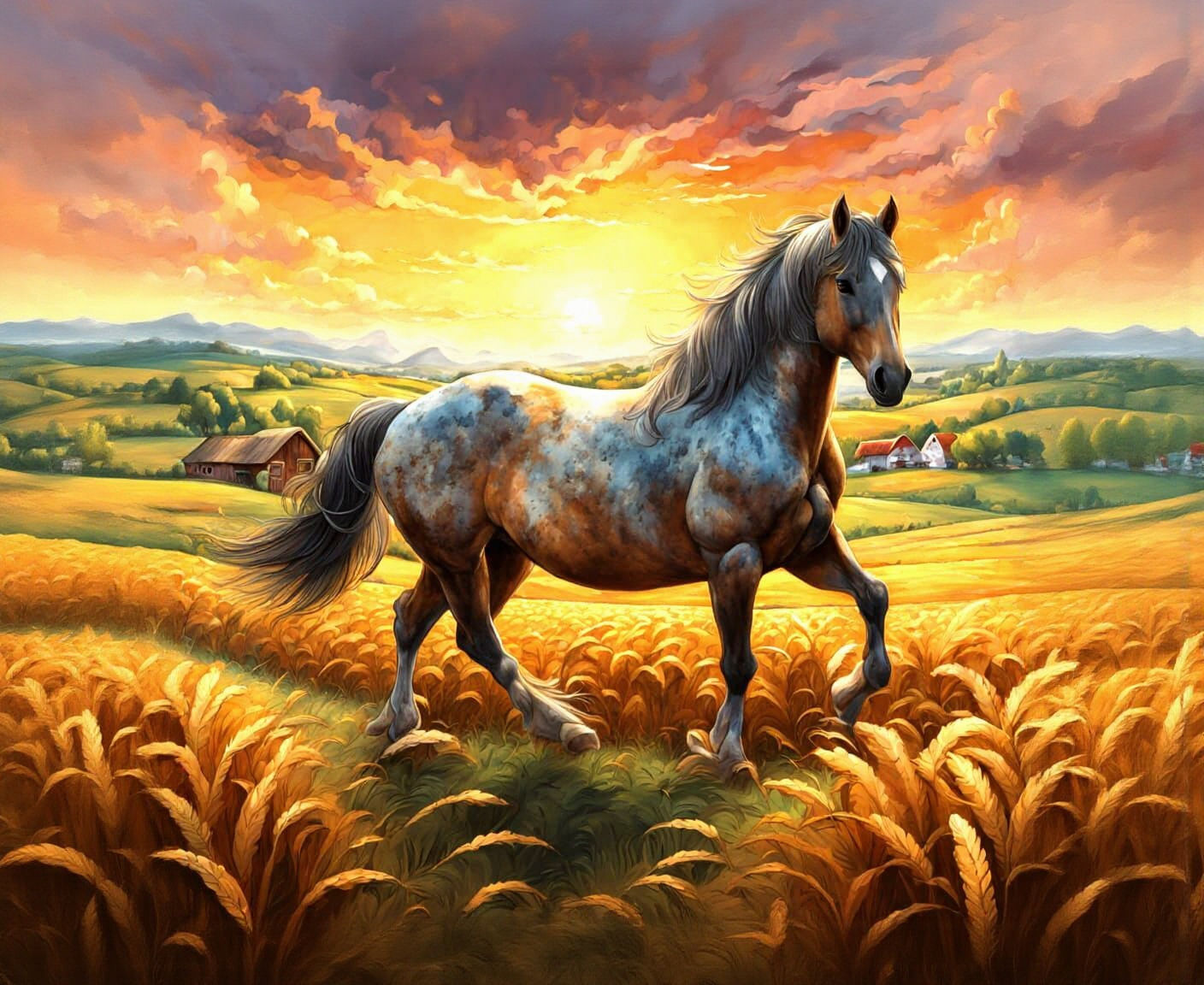 Frisian Horse in Golden Field Landscape