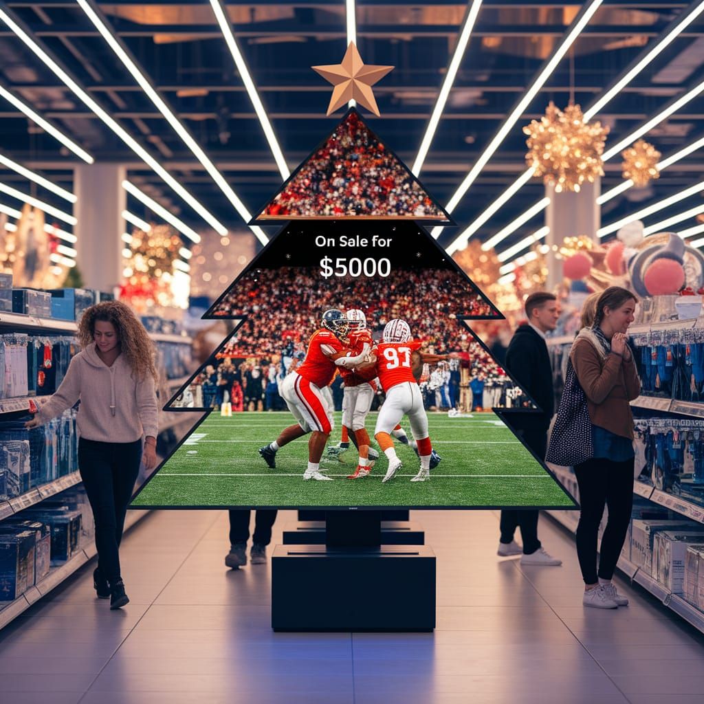 Christmas Tree OLED TV Displays Football Game in Vibrant Hol...
