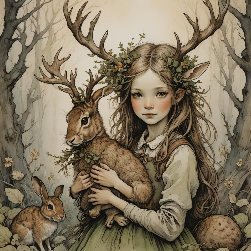 Girl and Antlered Rabbit: Rackham-esque Illustration
