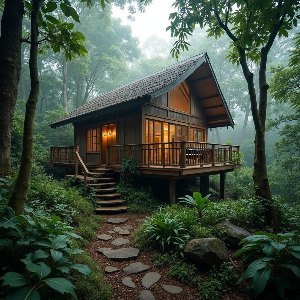 Elegant Treehouse in Lush Forest with Rustic Wood Accents