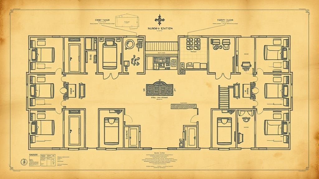 Vintage Blueprint of Twelve-Room First Floor