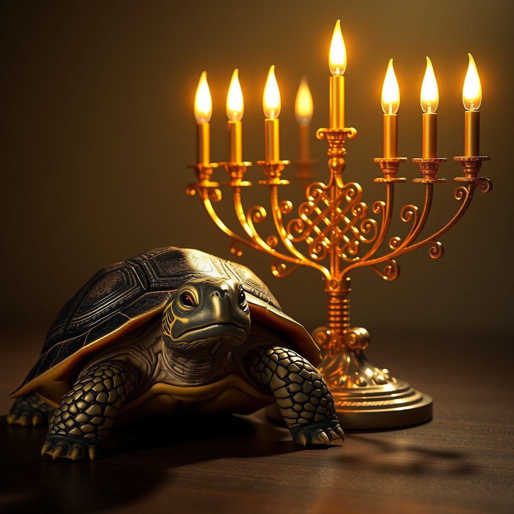 Turtle Observes Hanukkah Menorah in 3D Render