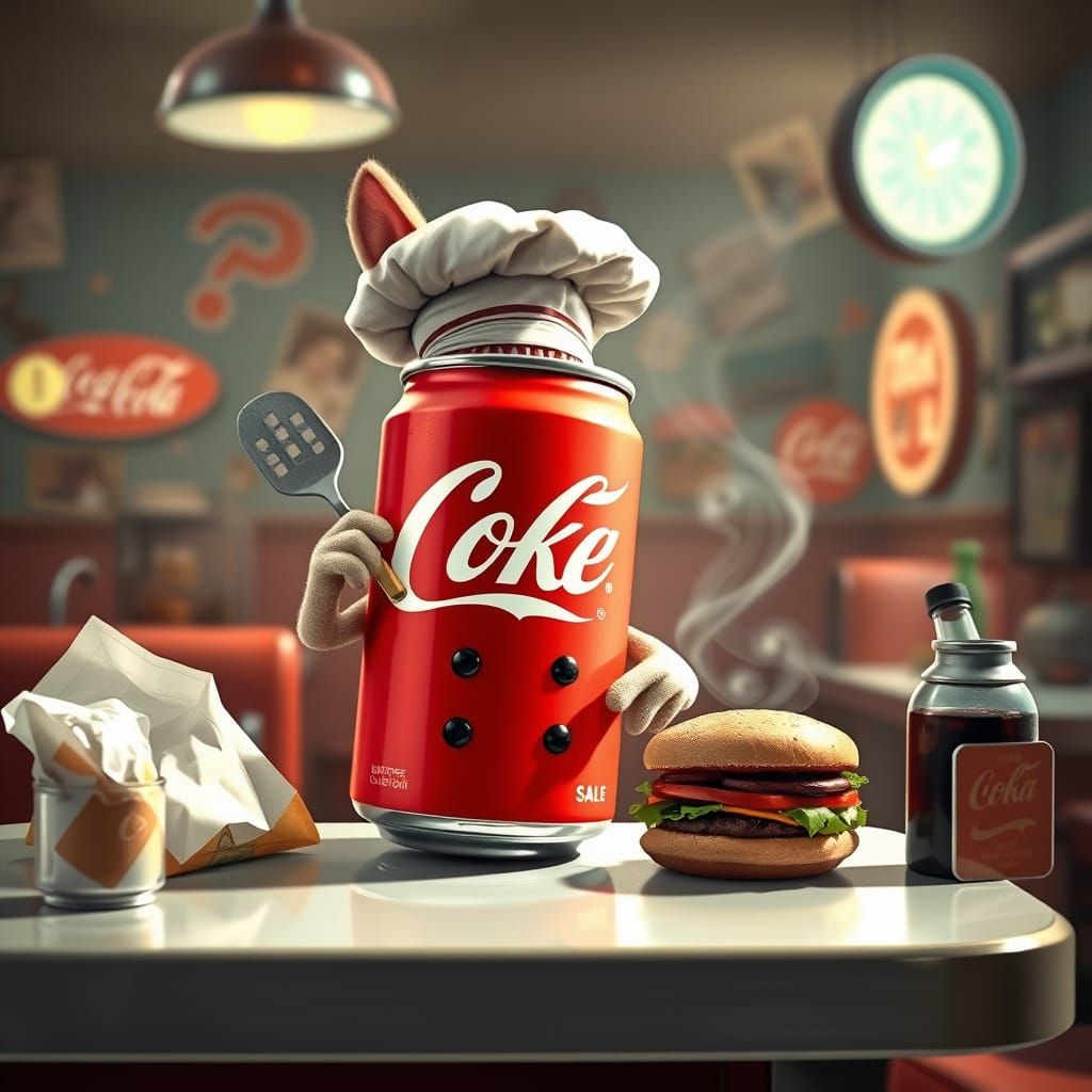 An adorable anthropomorphic can of Coke as a chef cooking ha...