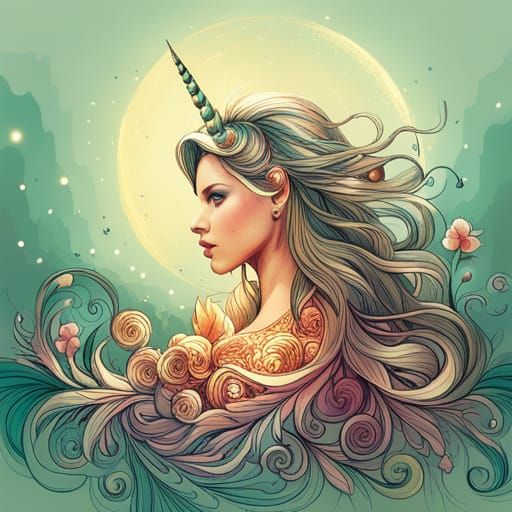 Luminous Unicorn Digital Painting with Golden Outlines