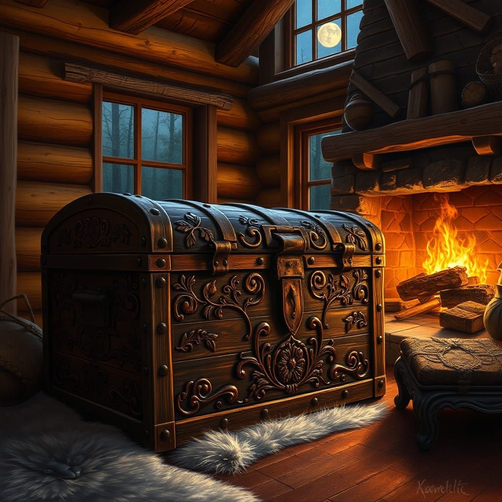 Ornate Wooden Trunk in Cozy Cabin: Oil Painting