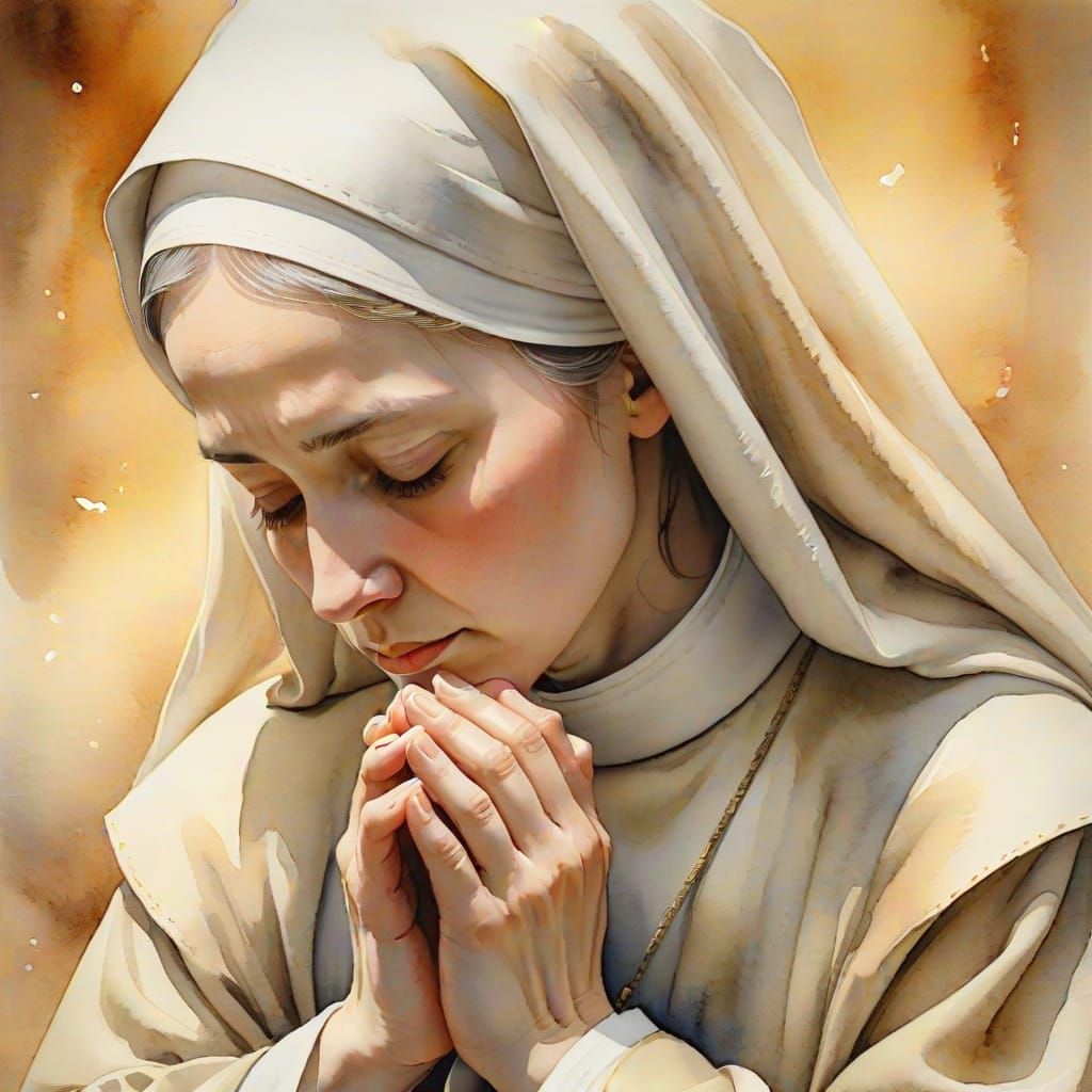 Watercolor Painting of Praying Jesuit Nun