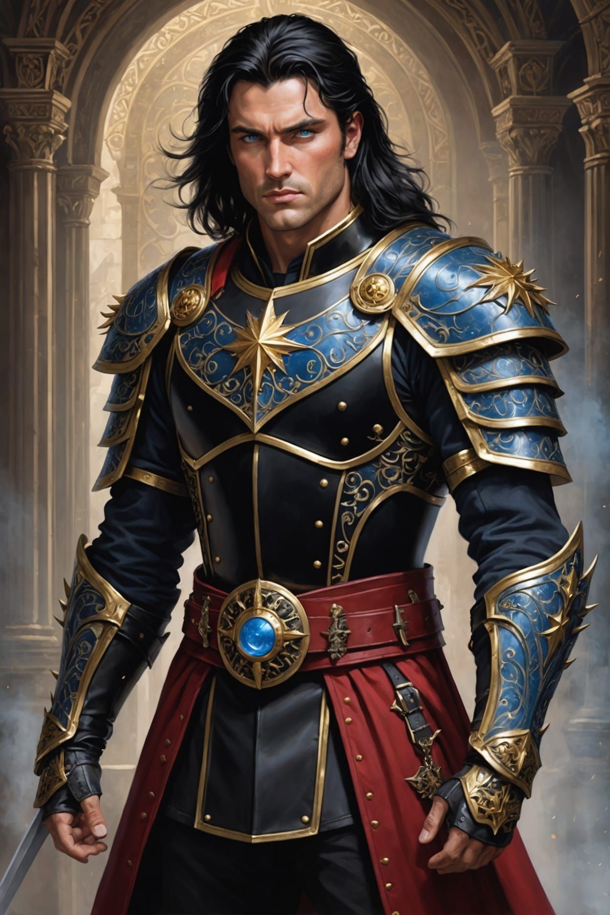 Fearsome Warrior with Flaming Sword in Dark Castle