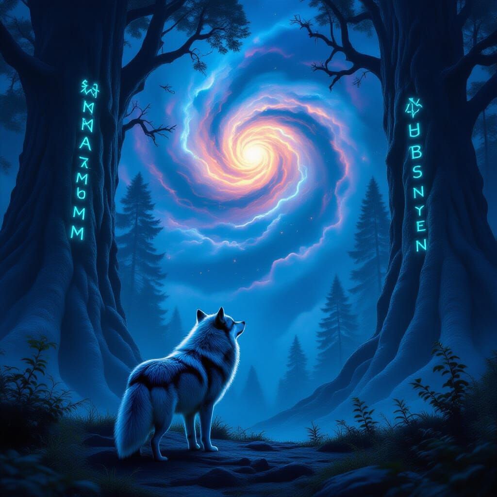 Majestic Wolf in Bioluminescent Forest Under Nebula