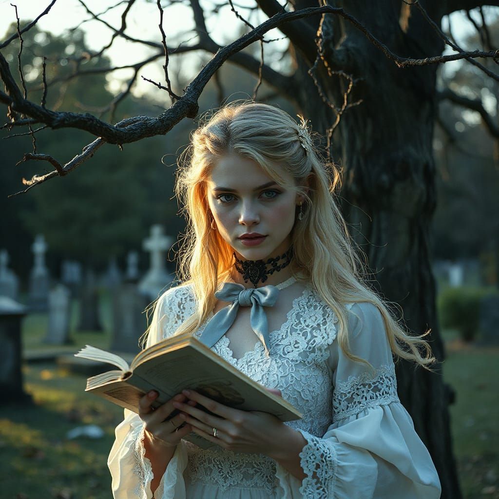 Gothic Woman Reading Under Watercolor Tree in Cemetery