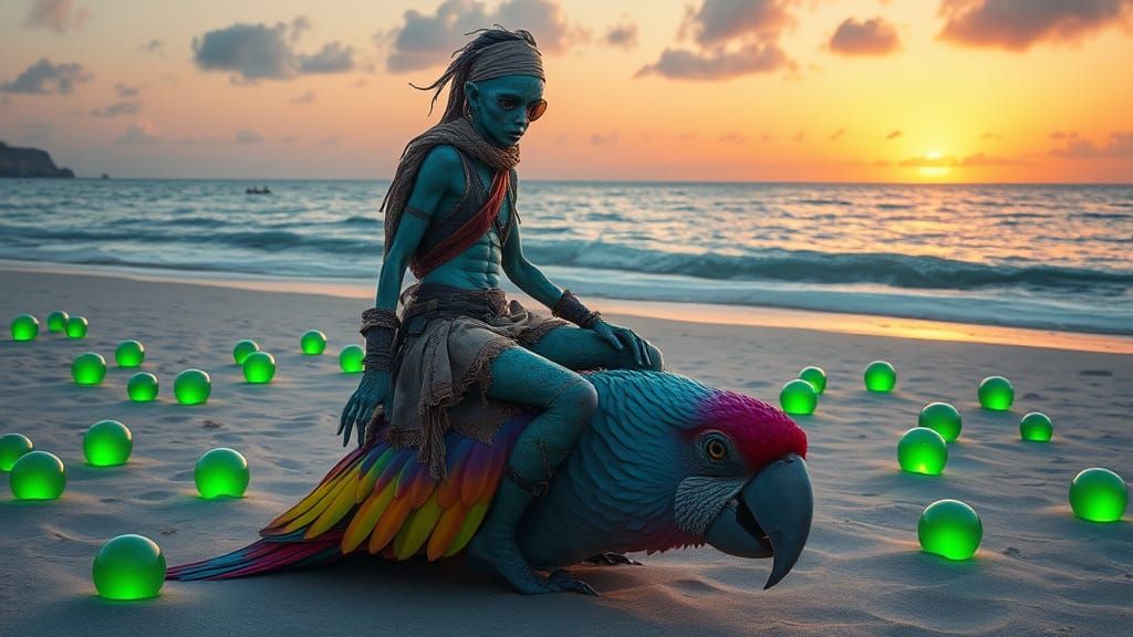 Alien Pirate on Rainbow Parrot, Fractal Art