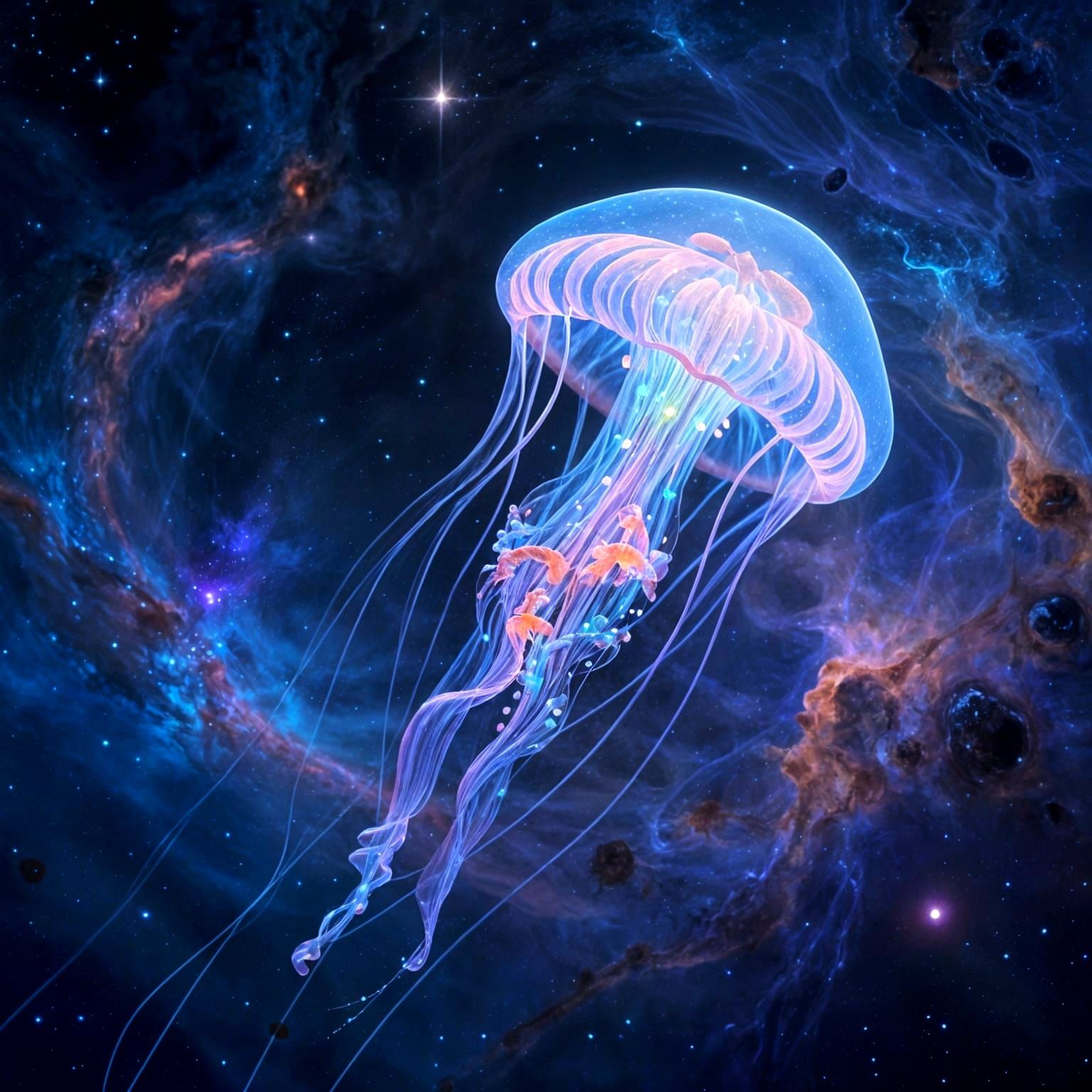 Bioluminescent Jellyfish in Cosmic Nebula