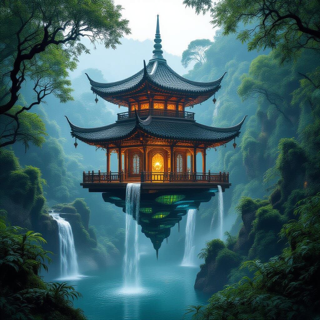 Majestic Floating Pagoda Above Bioluminescent Forest