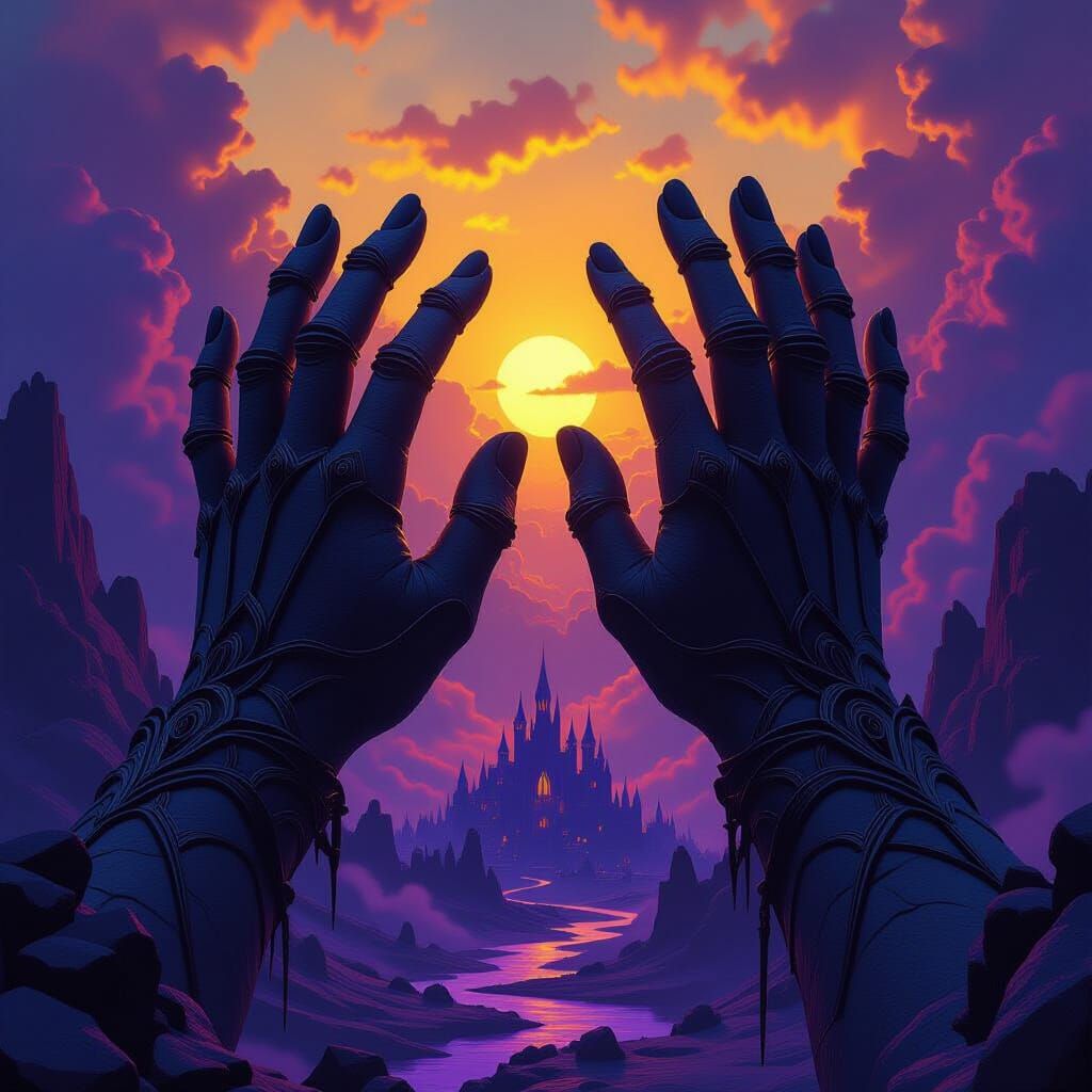 Stone Hands Grasping Wondrous Land: Dark Fantasy Art
