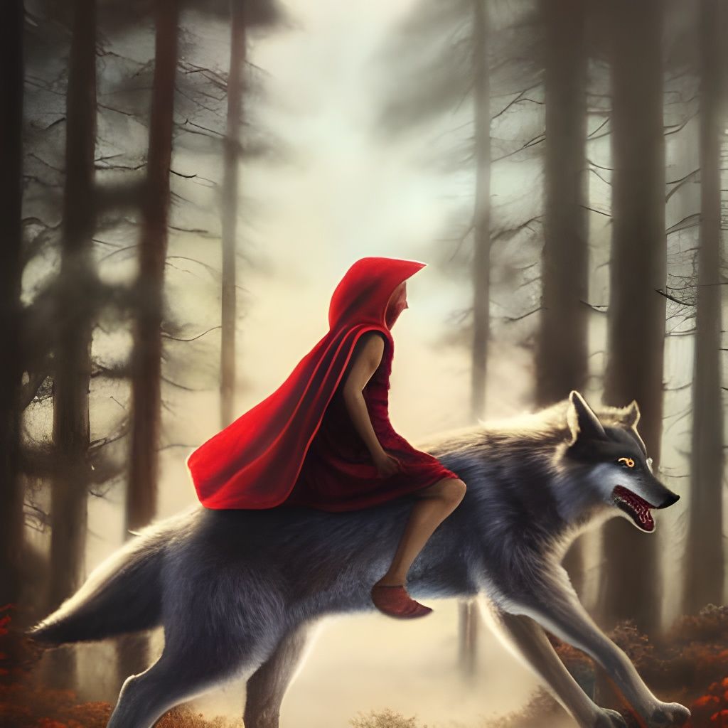 Red Riding Hood on Wolf, Hyperrealistic Storybook Art