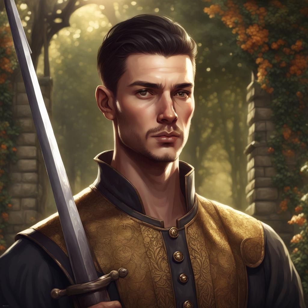 Medieval Warrior in Enchanted Garden Portrait