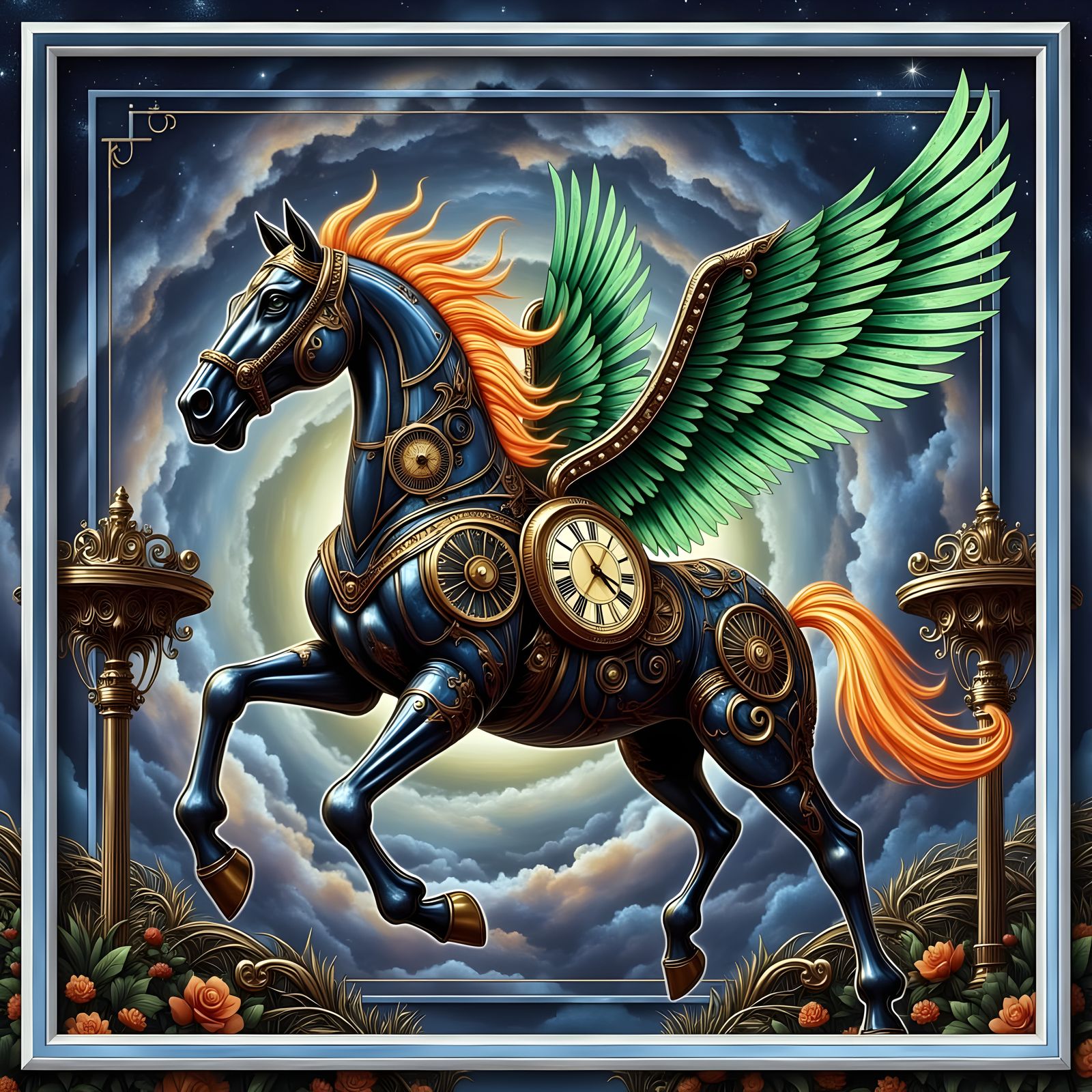 Clockwork Horse with Glass Wings and Flame Mane