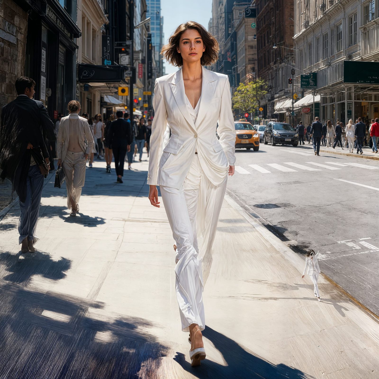 Woman in White Suit Walks Busy Daytime Street