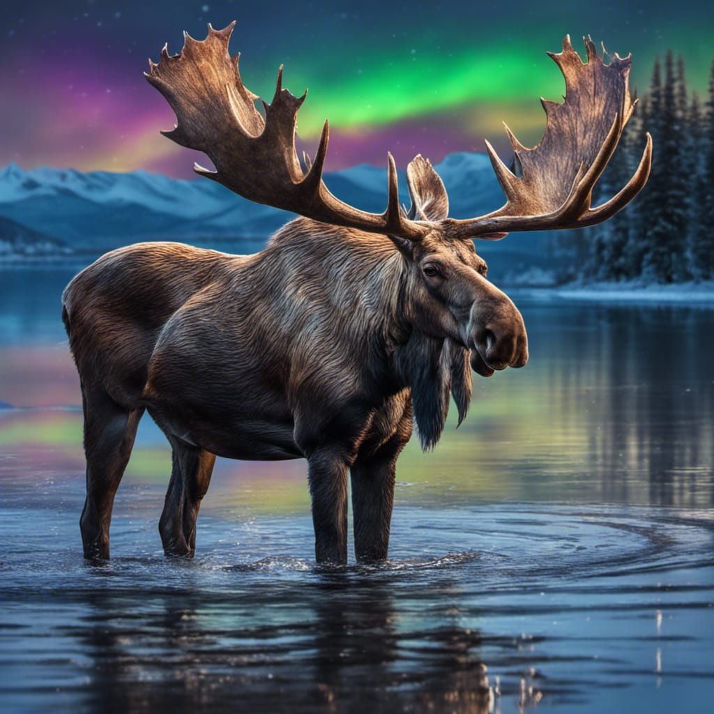 Majestic Moose Under Northern Lights in HDR