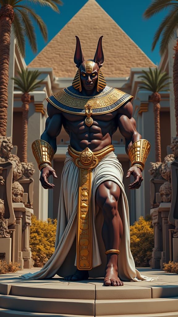 Muscular Anubis Shows Off Feet in Golden Egyptian Temple