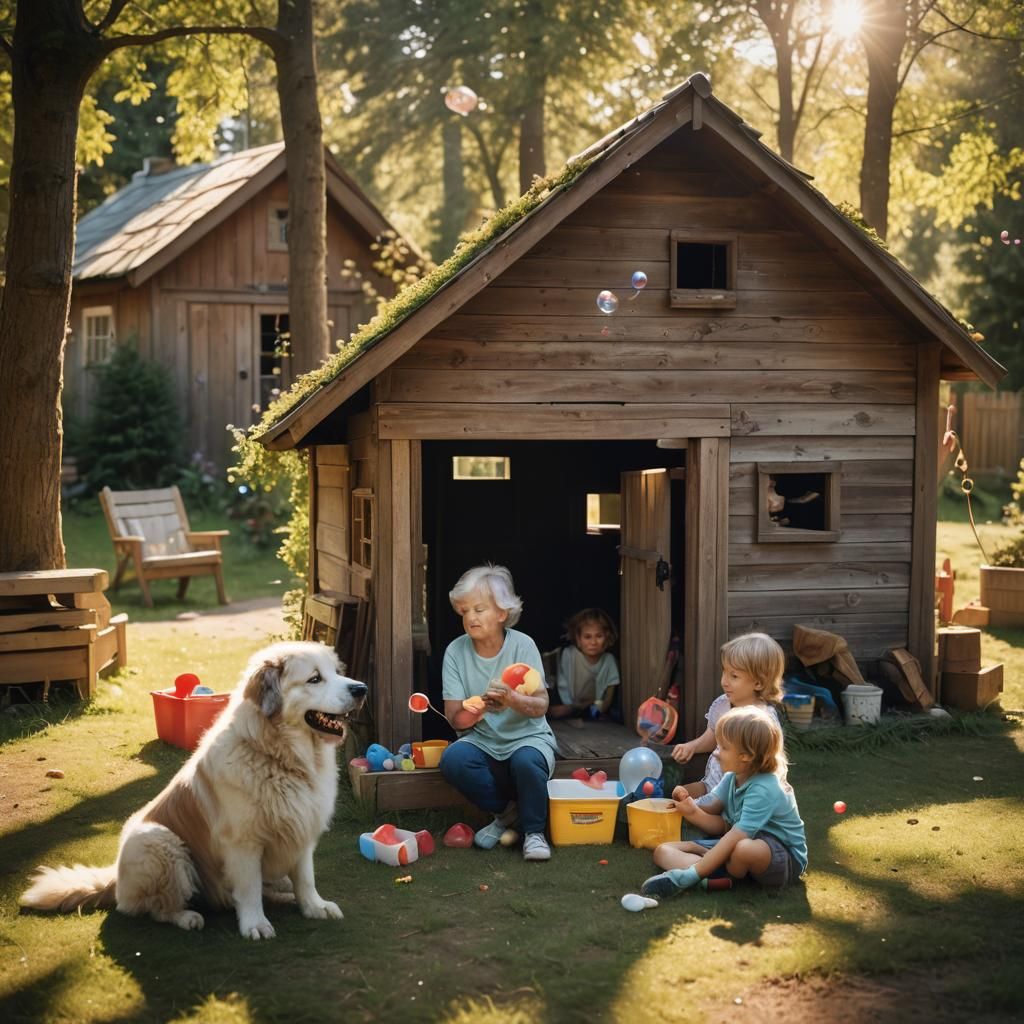 Nostalgic Film Still: Dog, Children, and Bubbles