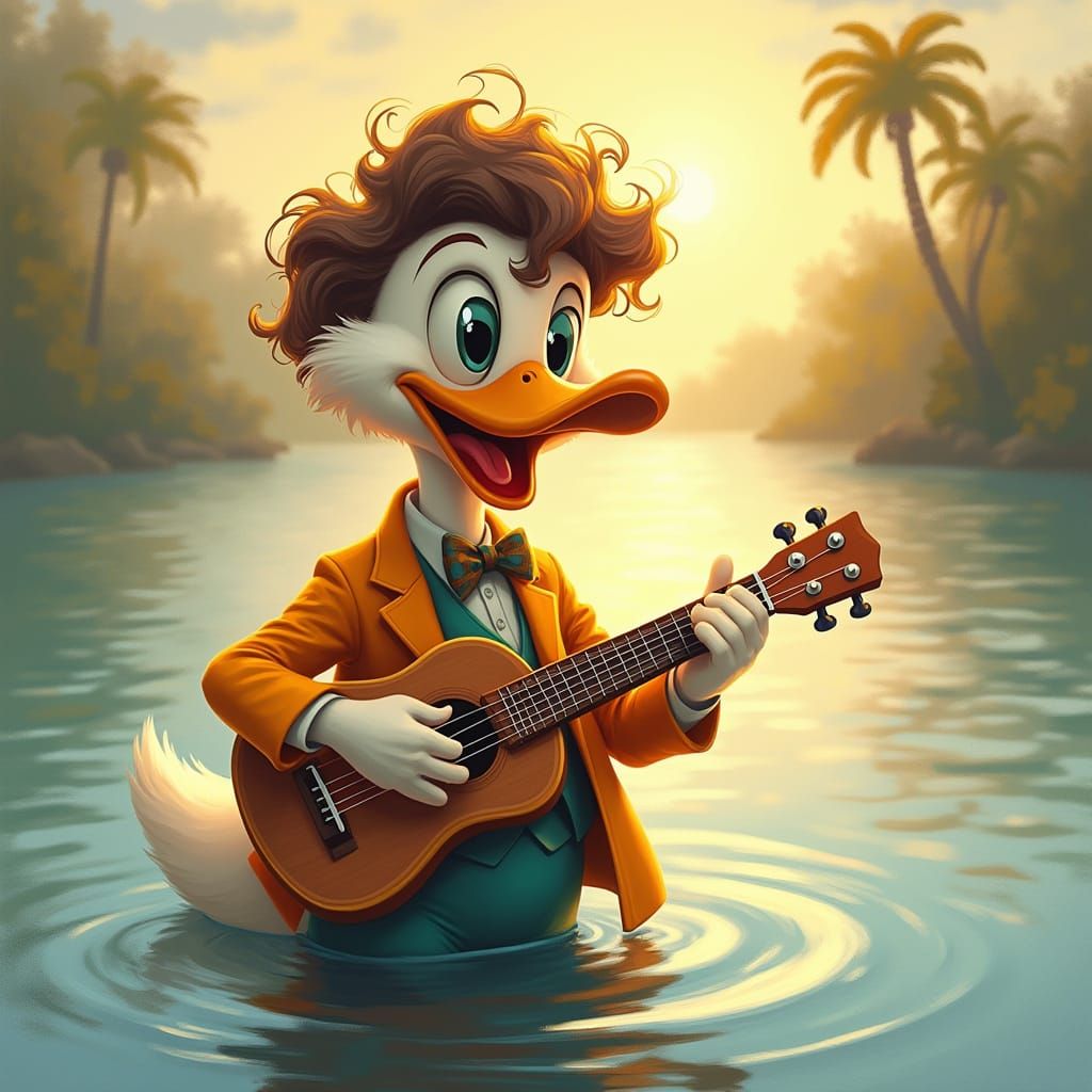 Duck Plays Ukulele in Impressionist Style