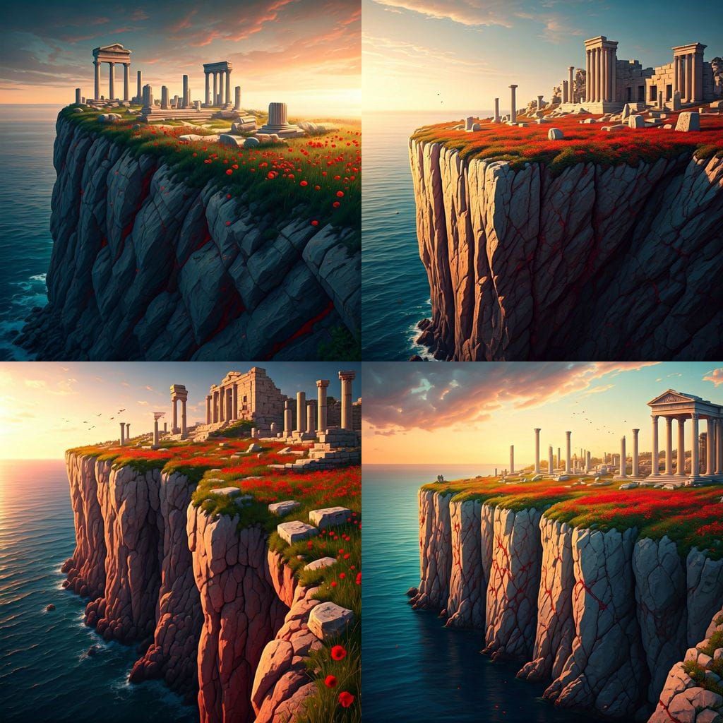 Ancient Cliff with Red Veins and Marble Ruins