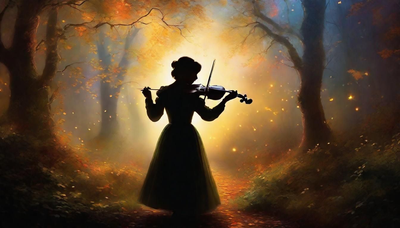 Ethereal Violinist in Mystical Forest, Oil Painting