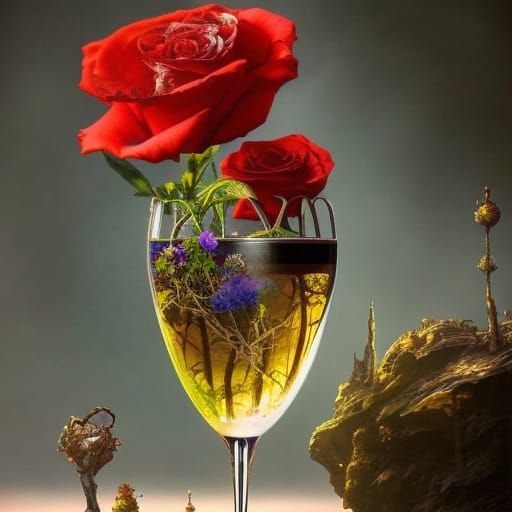 Steampunk Rose in Wine Glass: Surreal Digital Art